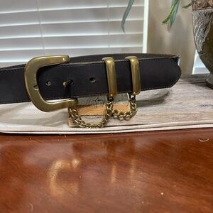 Vintage Fossil Genuine Bridle Leather Belt Brass Buckle Chains Black